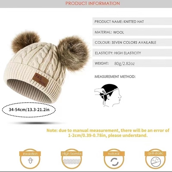 FAS Jeans Beanie OS Taupe Double Pom Cable Knit Wool - Picture 7 of 7